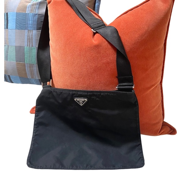 AUTHENTIC PRADA NYLON CROSS-BODY FLAT ZIPPER BAG BLACK, H: 10” X W: 12.25” - Picture 3 of 14